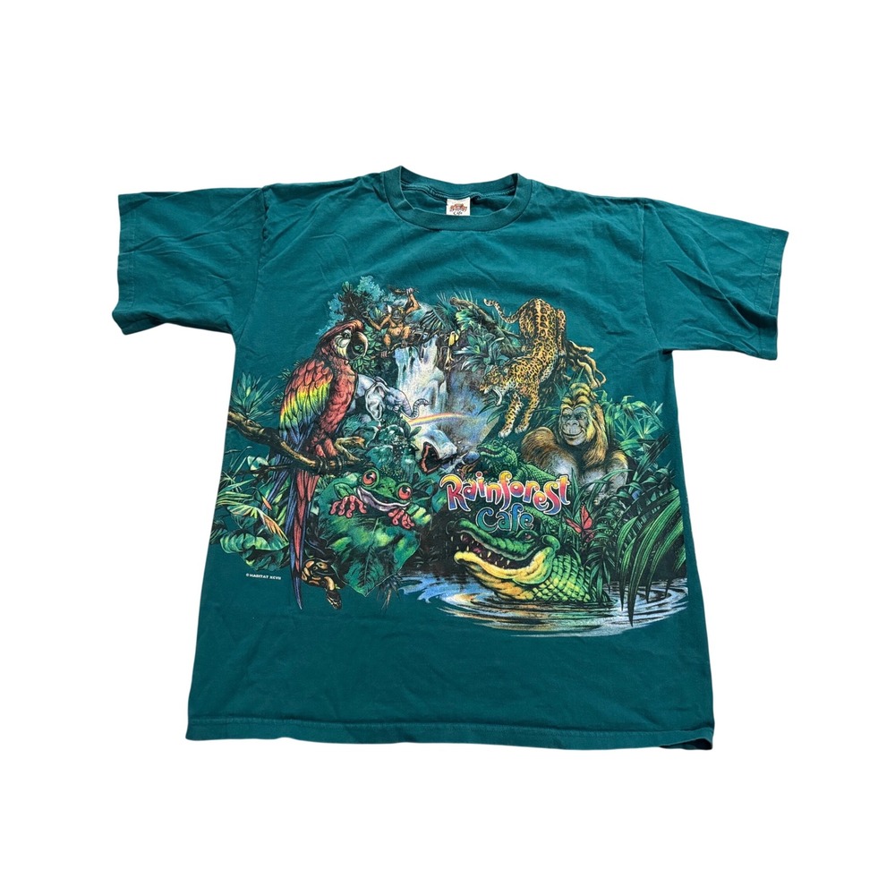 Rainforest Cafe Vintage Graphic T-Shirt Mens XL Teal 90s Double Sided USA Made